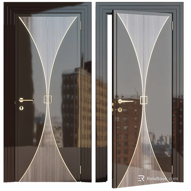 Modern Swing Door Design With Glass Panel Metal Frame And Cityscape Reflection 3d model 