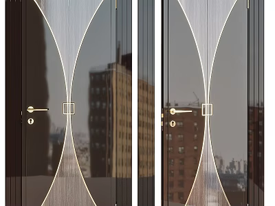 Modern Swing Door Design With Glass Panel Metal Frame And Cityscape Reflection 3d model