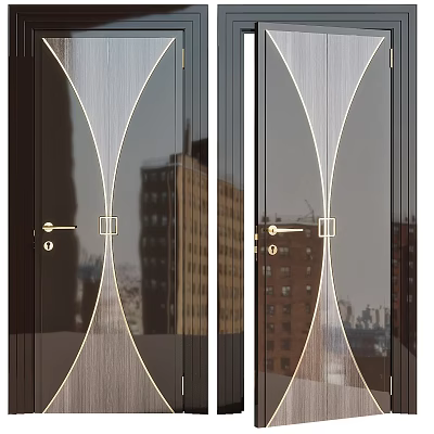 Modern Swing Door Design With Glass Panel Metal Frame And Cityscape Reflection 3d model