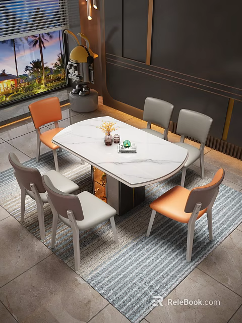 Stylish Modern Dining Table Set With Marble Top And Orange Gray Chairs 3d model