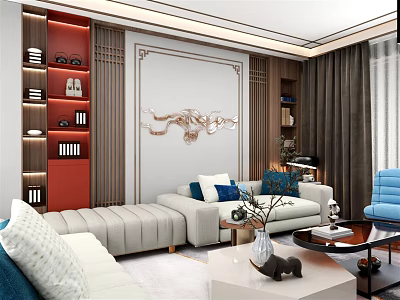 Modern Living Room Interior With Beige Sofa Blue Throw Pillows Red Bookshelf And Decorative Art 3d model