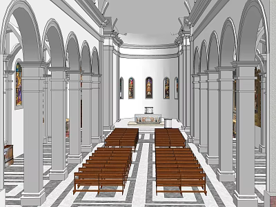 Religious Worship Space Featuring Church Interior With Arched Columns Wooden Benches And Altar 3d model