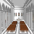 Religious Worship Space Featuring Church Interior With Arched Columns Wooden Benches And Altar
