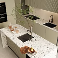 Modern Kitchen Interior With Striped Cabinets Island Counter And Green Plant Decor