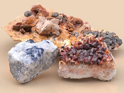Natural Stones And Wood Elements With Crystalline Structures And Mineral Textures 3d model