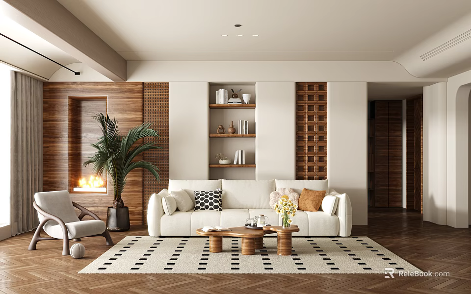 Modern Living Room Interior Design With White Sofa Wooden Shelves Palm Plant And Fireplace 3d model 