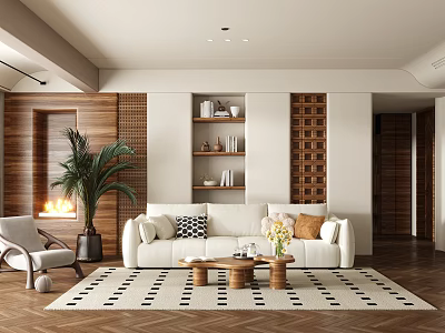 Modern Living Room Interior Design With White Sofa Wooden Shelves Palm Plant And Fireplace 3d model