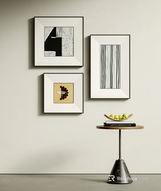 Three Abstract Paintings Wall Art With Geometric Patterns And Side Table With Books Fruits 3d model