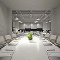 Modern Public Office Space With Workstations Computers Desk Lamps Green Plants And Office Supplies