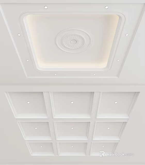 White Modern Ceiling Design With Decorative Medallion Paneled Trim And Recessed Lights 3d model 