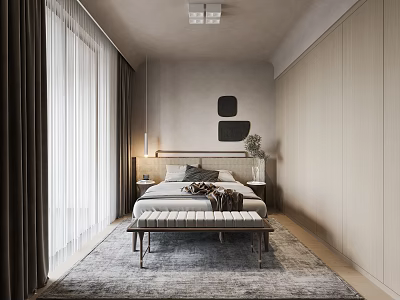 Minimalist Modern Bedroom Interior With Neutral Tones Bed Bench Rug Curtains And Wall Decor 3d model