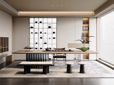 Modern Tea Room With Wooden Table Seating And Teaware 3d model