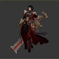 Game Movie Character in Red Black Outfit Holding Axe Sword with Long Hair and Cloak