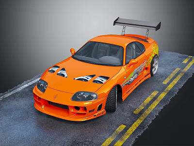 Orange Modified Sports Car Featuring Rear Spoiler Body Decals On Asphalt With Yellow Lines 3d model