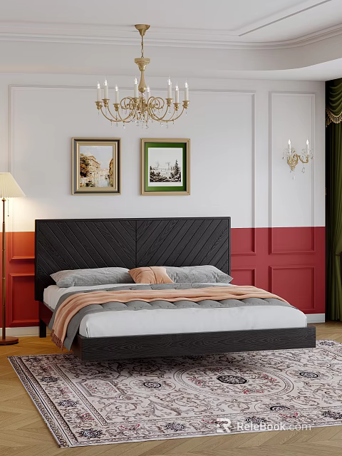 Black Herringbone Headboard Double Bed With Gray Pink Bedding White Red Wall And Chandelier 3d model 