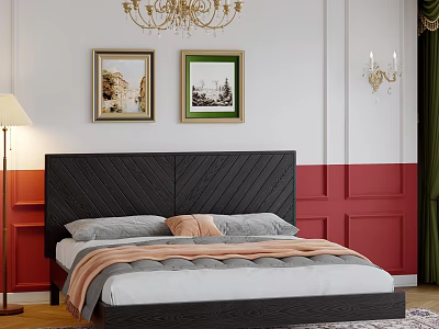 Black Herringbone Headboard Double Bed With Gray Pink Bedding White Red Wall And Chandelier 3d model