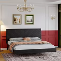 Black Herringbone Headboard Double Bed With Gray Pink Bedding White Red Wall And Chandelier