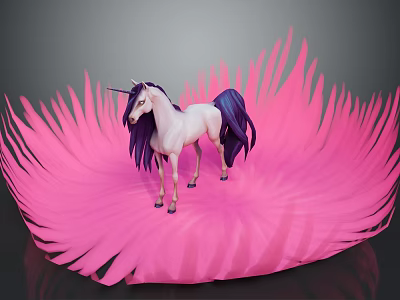 White Unicorn With Dark Mane And Tail Standing On Large Pink Feather Structure 3d model