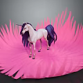 White Unicorn With Dark Mane And Tail Standing On Large Pink Feather Structure 3d model
