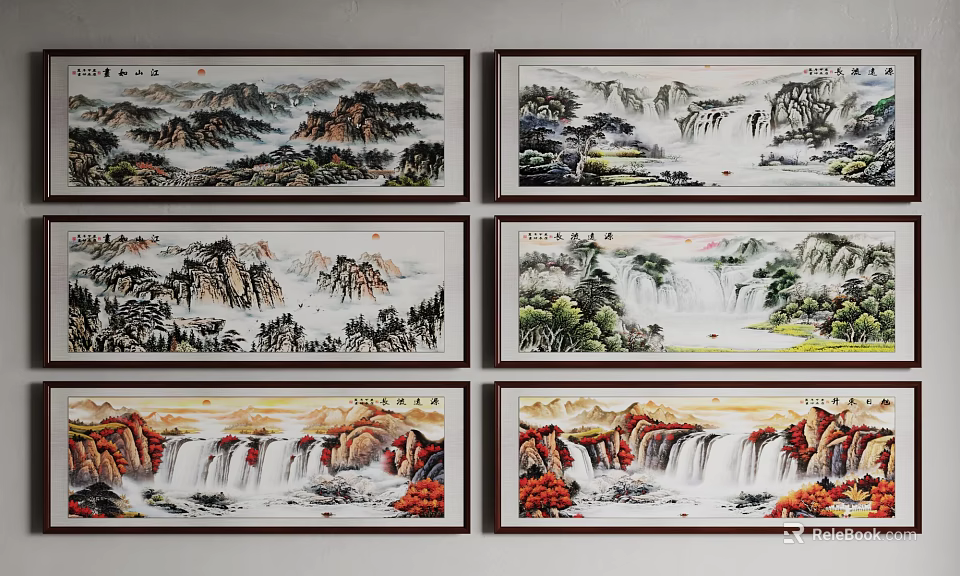 Traditional Chinese Landscape Paintings With Mountain River Waterfall Tree And Natural Scenery Artwork 3d model 