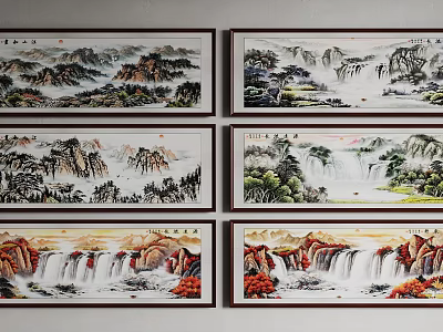 Traditional Chinese Landscape Paintings With Mountain River Waterfall Tree And Natural Scenery Artwork 3d model