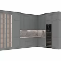 Modern Dark Gray Kitchen Cabinets With Glass Fronts And Stone Backsplash 3d model