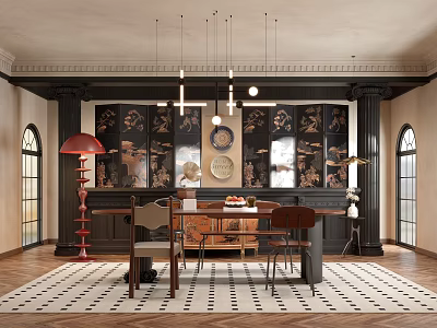 Classical Restaurant Interior With Elegant Dining Table Pendant Lights Decorative Wall And Arched Windows 3d model