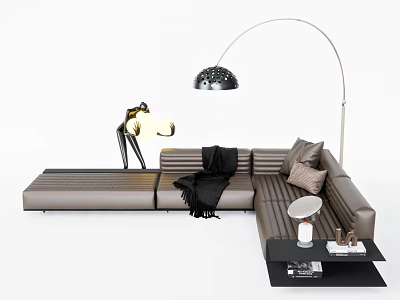 Brown Sectional Sofa With Black Throw Blanket Pillows Floor Lamp And Side Table 3d model