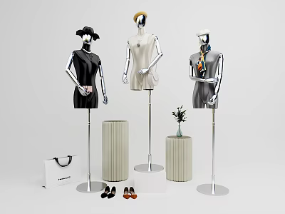 Mannequins Dressed in Black Beige and Grey Dresses with Shoes Handbag Vase and Decorative Columns 3d model