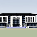 Modern Office Building With Symmetrical Facade Glass Curtain Walls Green Lawns Under Blue Sky