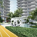 Modern High Rise Residential Area With Garden Pool Pavilion And Landscaped Greenery