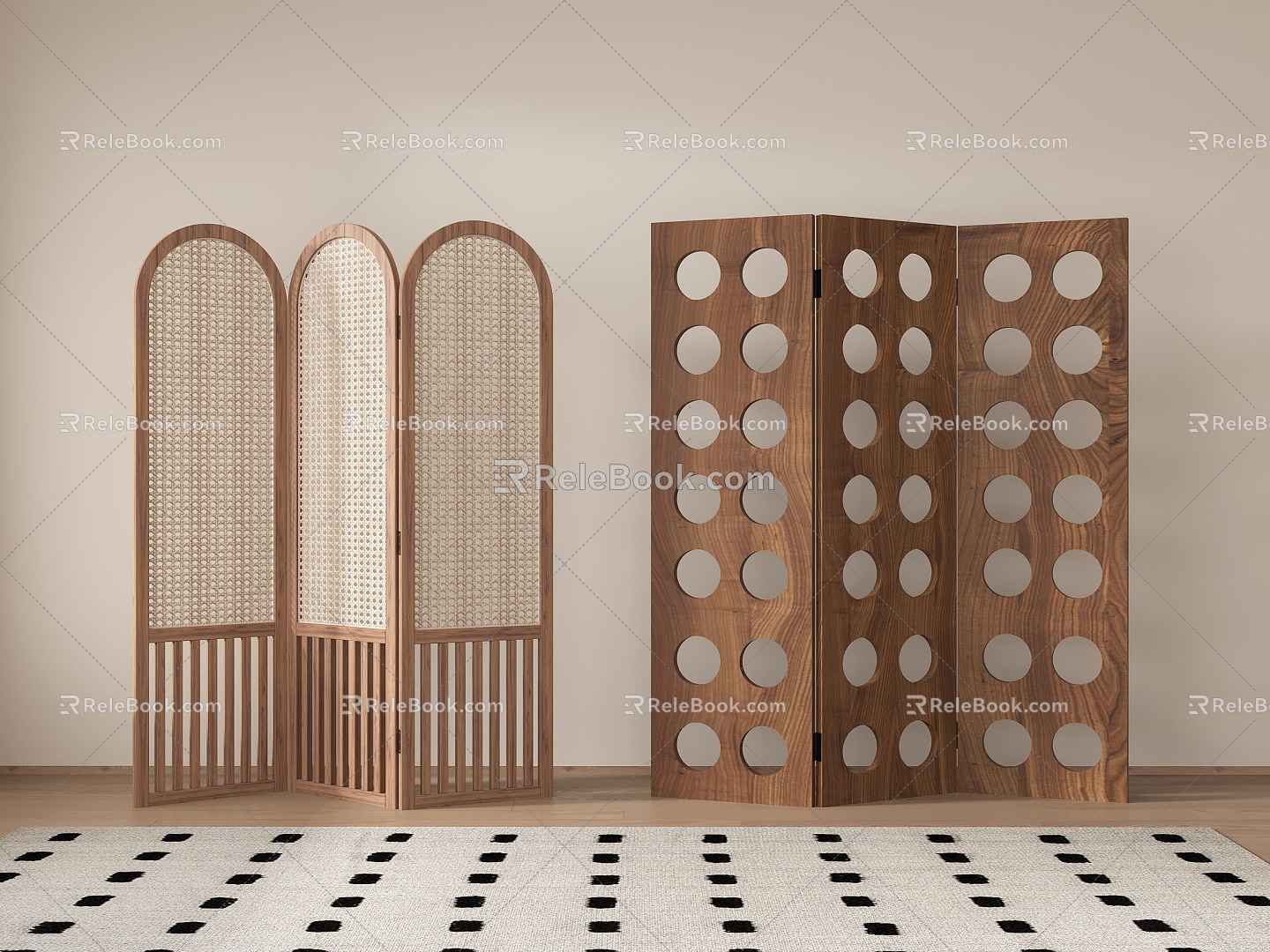 Quiet Ancient Style Wooden Screen Hollow Partition Folding Screen Rattan Screen 3d model