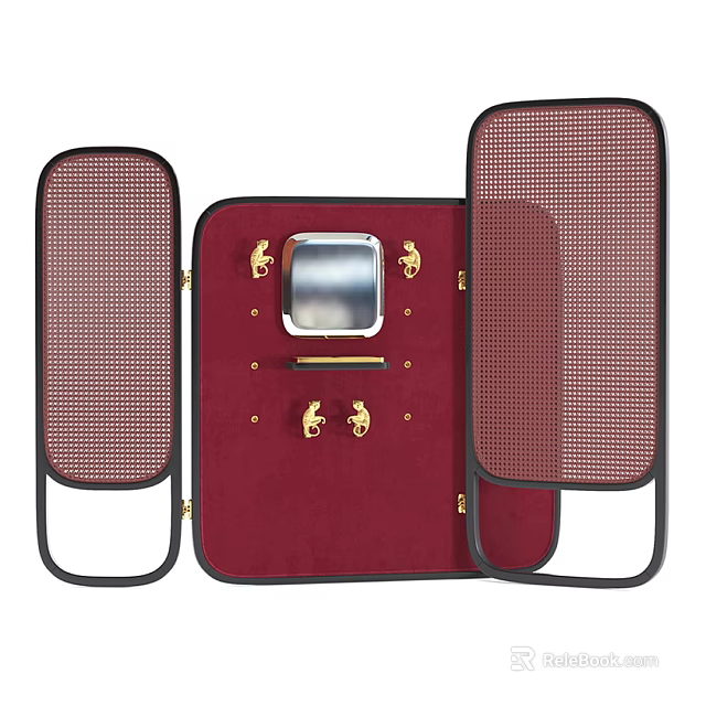 Elegant Room Divider Screen With Red Panel Mesh Sides And Metal Decorations 3d model 
