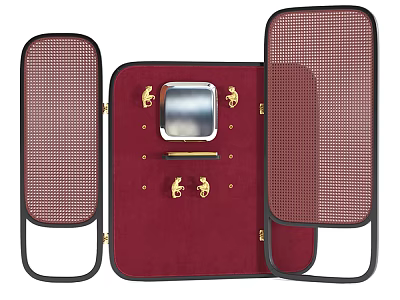 Elegant Room Divider Screen With Red Panel Mesh Sides And Metal Decorations 3d model