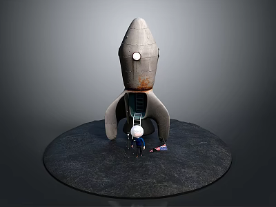 Vintage Metal Rocket Model With Ladder Miniature Figure On Circular Moon Surface Platform 3d model