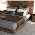 Modern Double Bed With Wooden Woven Headboard Gray White Pillows Brown Leather Accent Wooden Nightstands
