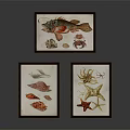 Three Framed Marine Life Decorative Paintings With Fish Crab Starfish And Octopus
