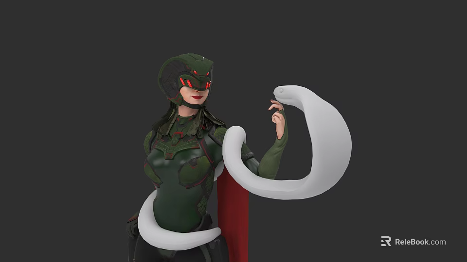 Green Armored Character With Red Eyed Helmet And Red Cape Holding White Serpent Creature 3d model 