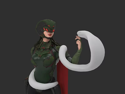 Green Armored Character With Red Eyed Helmet And Red Cape Holding White Serpent Creature 3d model