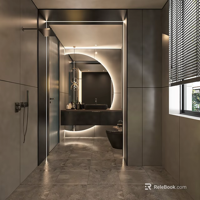 Elegant Modern Bathroom Interior With Marble Vanity Round Mirror And Bathtub 3d model 