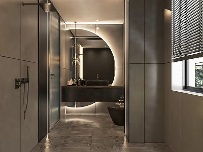 Elegant Modern Bathroom Interior With Marble Vanity Round Mirror And Bathtub 3d model