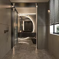Elegant Modern Bathroom Interior With Marble Vanity Round Mirror And Bathtub