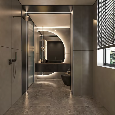 Elegant Modern Bathroom Interior With Marble Vanity Round Mirror And Bathtub 3d model