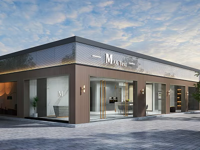 Modern Marlin Storefront Design With Glass Facade Wooden Elements And Lighting 3d model