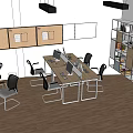 Modern Public Office Space With Wooden Ceiling Hanging Lights Bulletin Board And Potted Plants