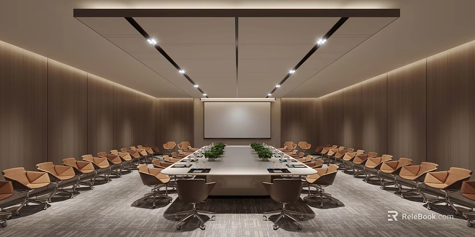 Modern Conference Room Interior With Long Table Leather Chairs And Large Projector Screen 3d model