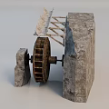 Ancient Stone Mechanical Device with Wooden Wheel Stone Structure and Metal Components
