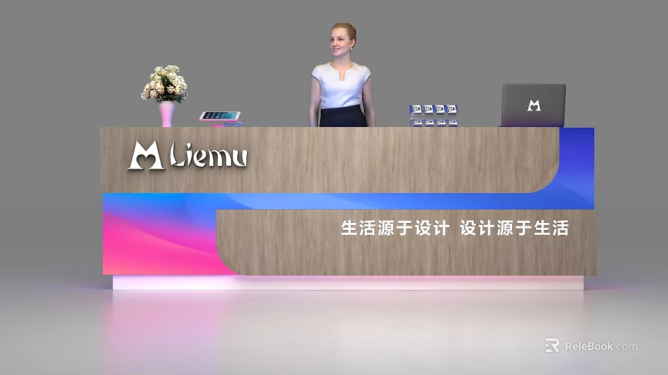 Elegant Modern Viemu Reception Desk Interior With Woman Staff Flower Vase And Tablet 3d model 