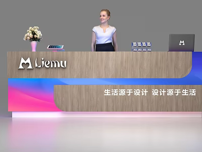 Elegant Modern Viemu Reception Desk Interior With Woman Staff Flower Vase And Tablet 3d model