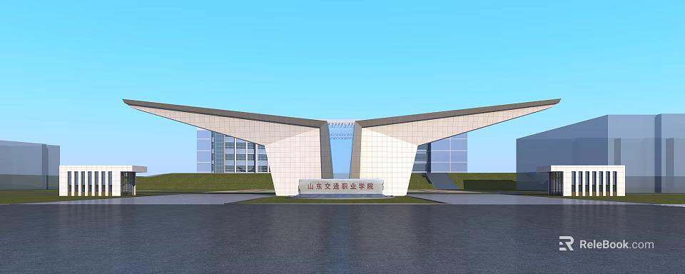Modern Symmetrical Entrance Gate of Shandong Transport Vocational College With Lawn and Stone Tablet 3d model 